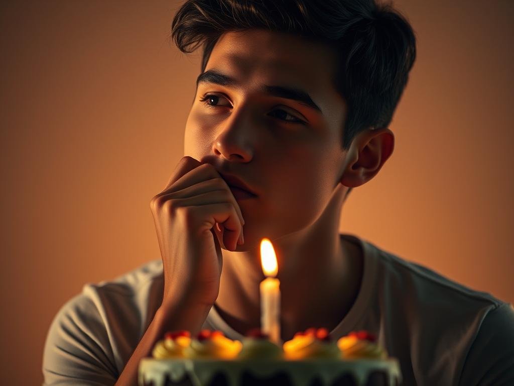 Contemplative birthday moment with candle light