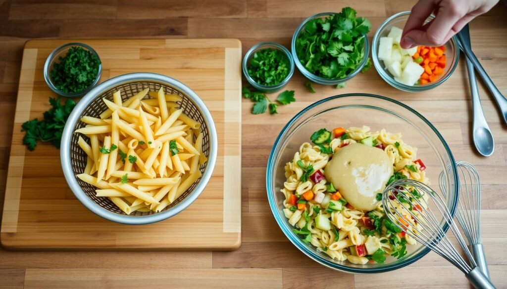 Cooking demonstration of pasta salad preparation techniques