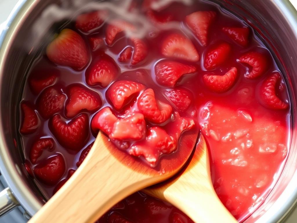 Cooking strawberry compote in a saucepan Cooking strawberry compote in a saucepan