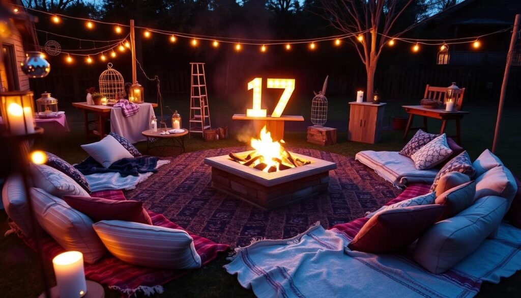 Cozy bonfire 17th birthday theme with fire pit, comfortable seating, and warm lighting Cozy bonfire 17th birthday theme with fire pit, comfortable seating, and warm lighting