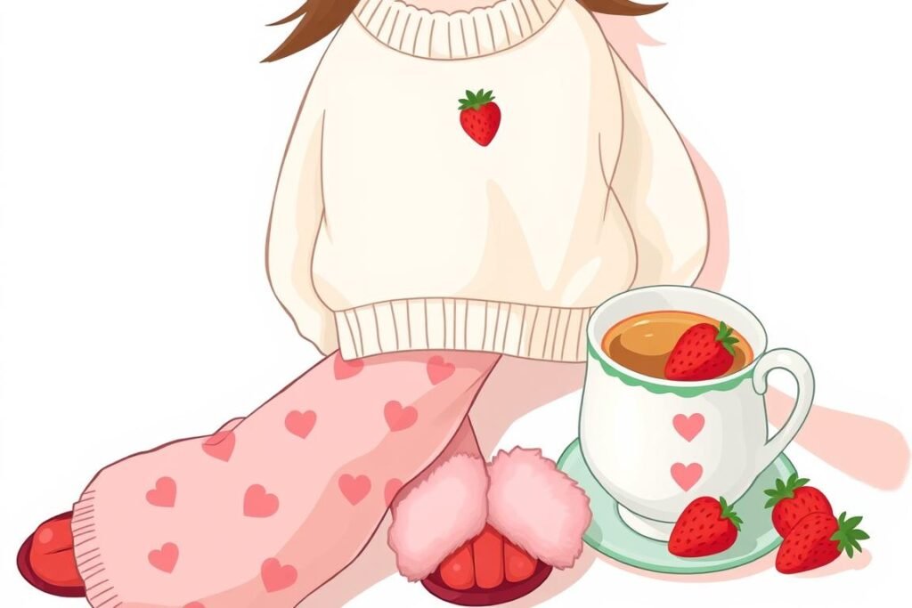 Cozy strawberry shortcake aesthetic loungewear with strawberry print pajamas