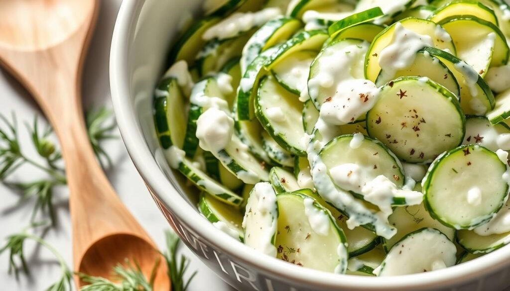 Creamy German cucumber salad in a serving bowl with fresh herbs