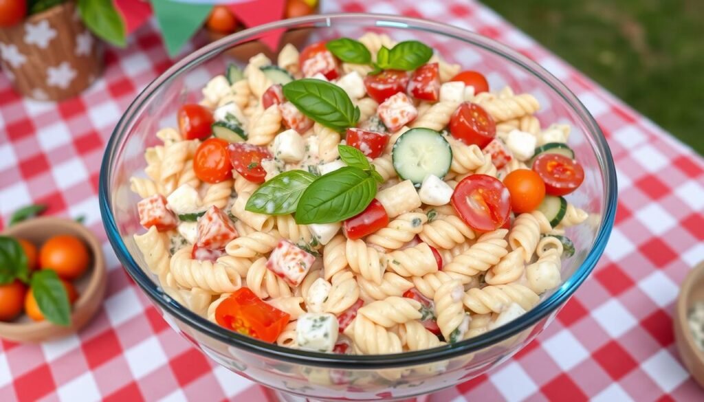 Creamy Italian pasta salad with pepperoni and cheese cubes