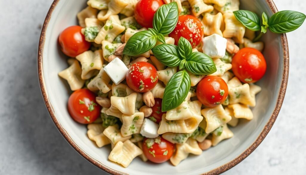 Creamy Pesto Italian Pasta Salad with bow tie pasta, cherry tomatoes, and pine nuts