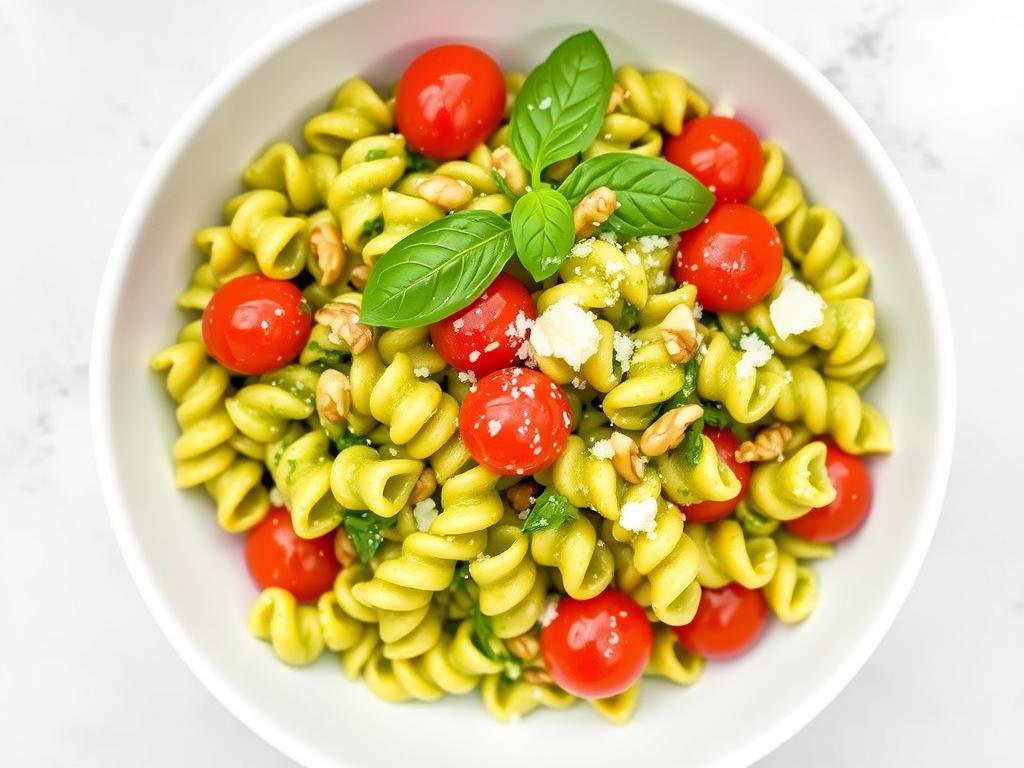 Creamy avocado pesto pasta salad with cherry tomatoes and pine nuts