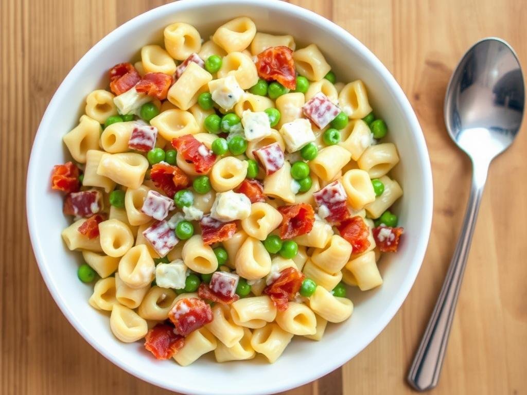 Creamy bacon ranch pasta salad with crispy bacon pieces and cheese cubes Creamy bacon ranch pasta salad with crispy bacon pieces and cheese cubes