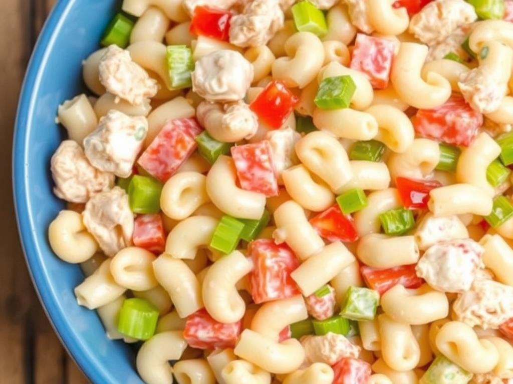 Creamy chicken pasta salad with elbow macaroni in a blue bowl