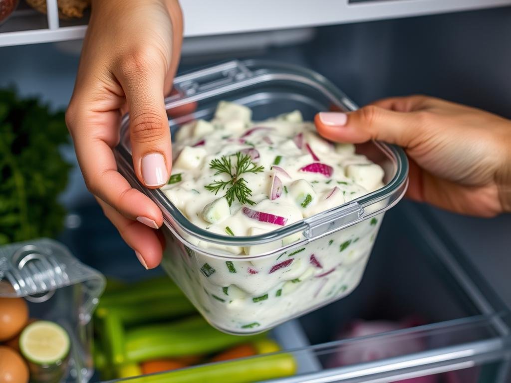 Creamy cucumber salad being stored in an airtight glass container in the refrigerator