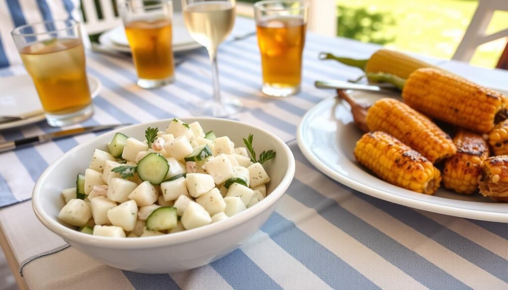 Creamy cucumber salad served alongside grilled chicken and corn on the cob Creamy cucumber salad served alongside grilled chicken and corn on the cob