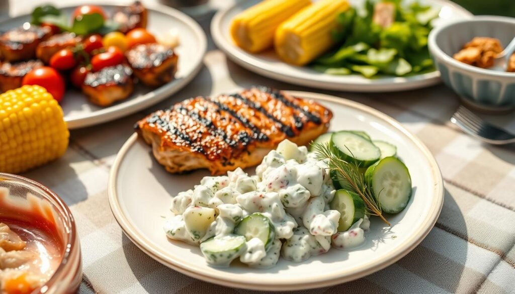 Creamy cucumber salad served alongside grilled chicken and corn on the cob at a summer barbecue