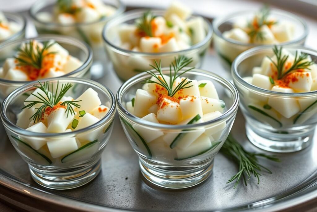 Creamy cucumber salad served in individual portions in small glass bowls as an appetizer