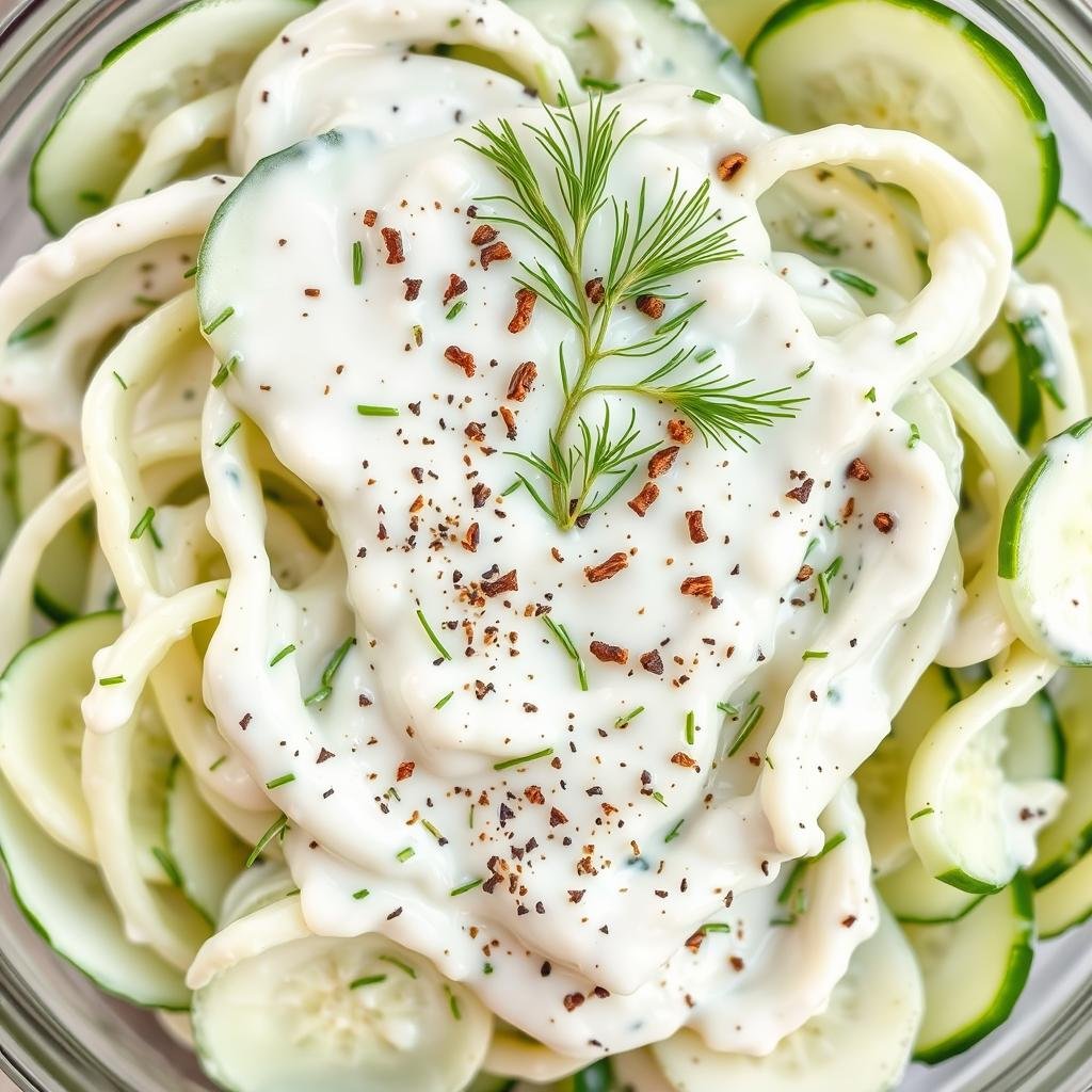 Creamy cucumber salad with dill and sour cream dressing