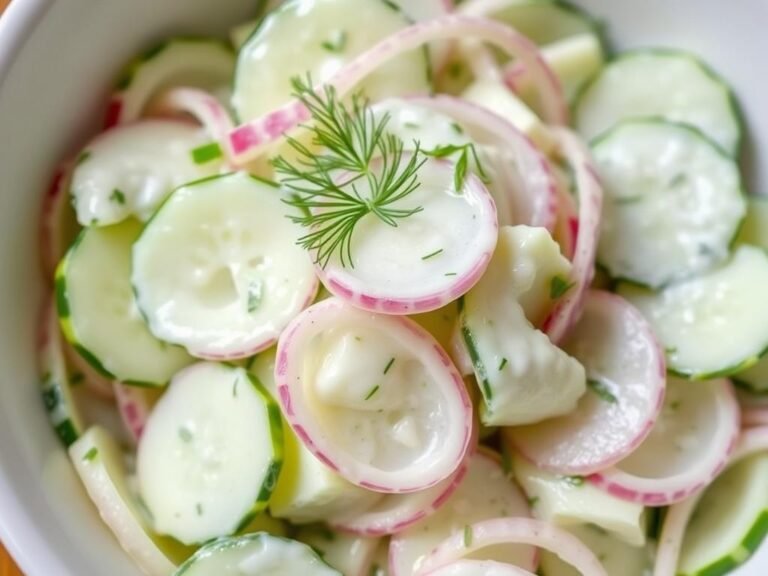 Creamy cucumber salad with dill in a white bowl, garnished with fresh herbs and red onion slices