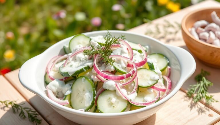 Creamy cucumber salad with mayonnaise in a white bowl garnished with fresh dill