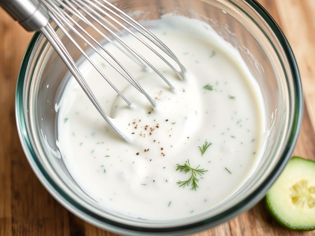 Creamy dressing being mixed in a glass bowl with whisk