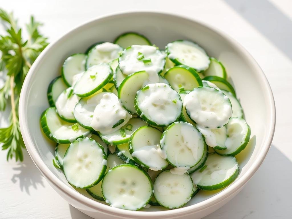 Creamy healthy cucumber salad with Greek yogurt dressing in a serving bowl