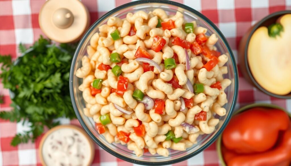 Creamy macaroni pasta salad with vegetables in a large serving bowl Creamy macaroni pasta salad with vegetables in a large serving bowl