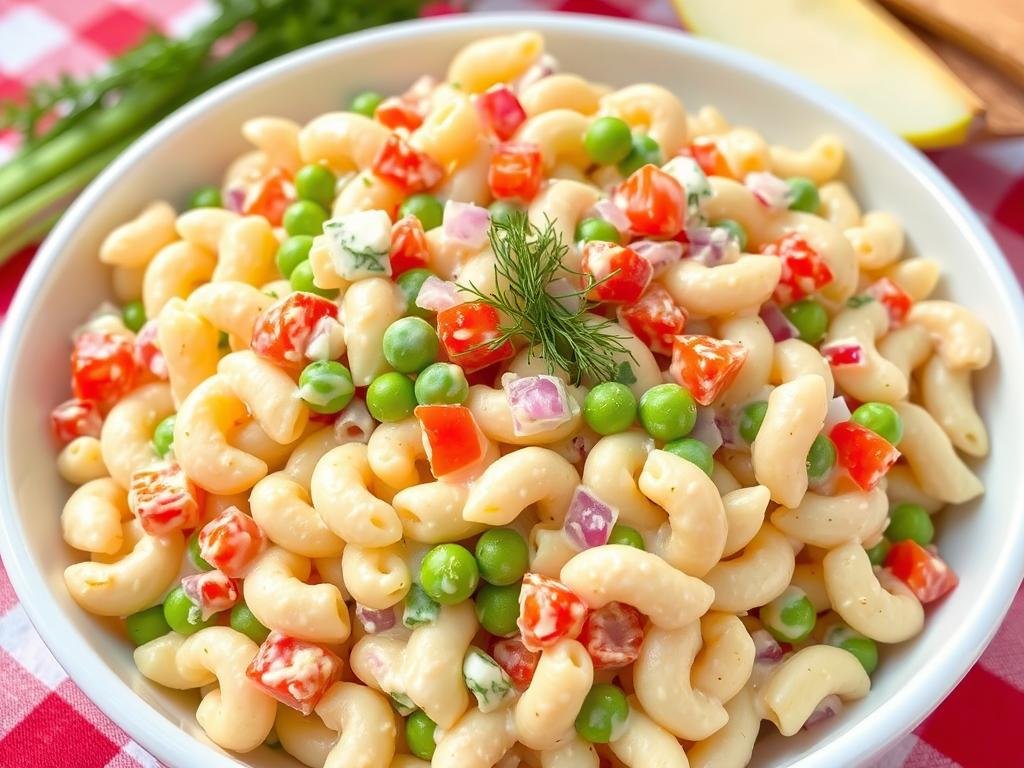 Creamy macaroni salad with vegetables in a white bowl