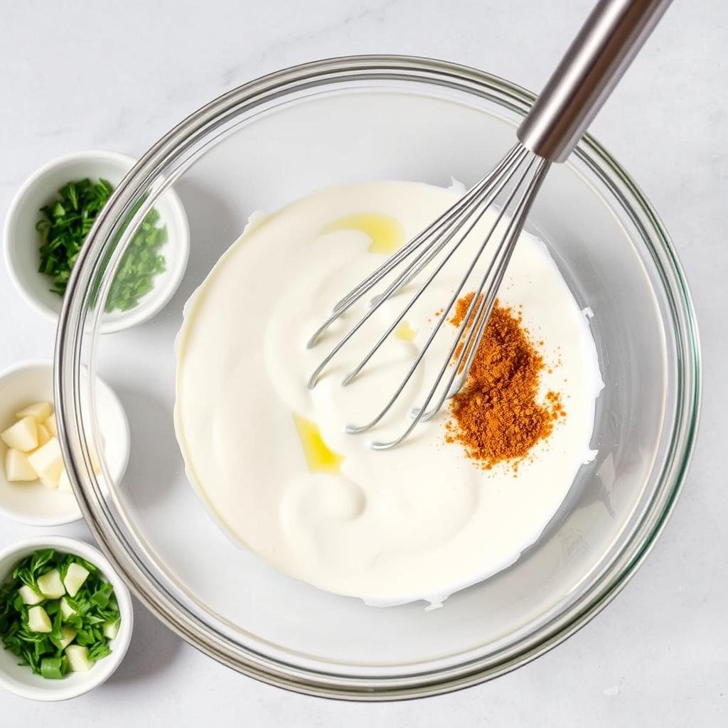 Creamy mayonnaise-based dressing being mixed in a bowl for cucumber salad Creamy mayonnaise-based dressing being mixed in a bowl for cucumber salad