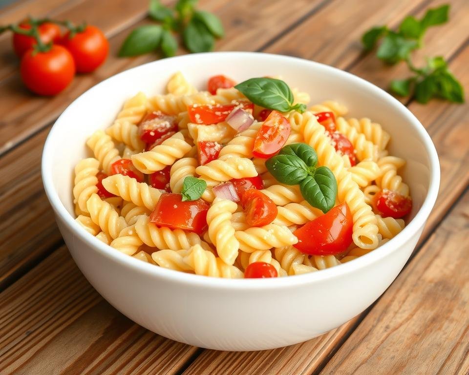 Creamy pasta salad with beef bouillon secret ingredient in a serving bowl