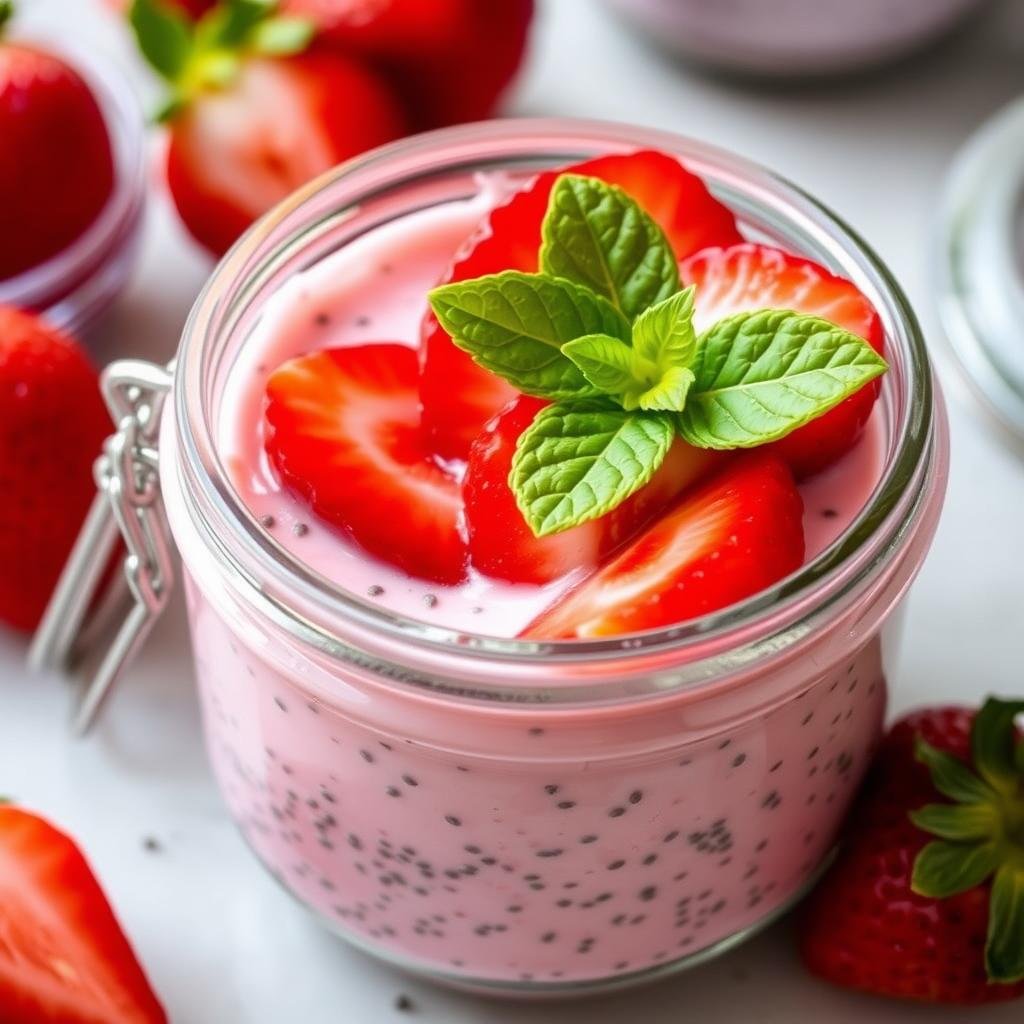 Creamy pink strawberry chia pudding in a glass jar topped with fresh strawberries