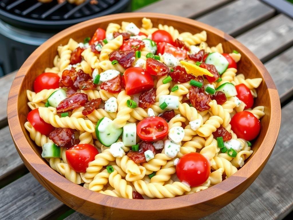 Creamy ranch and bacon pasta salad with cheddar cheese