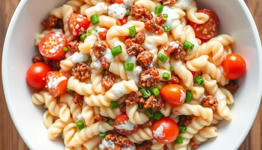Creamy ranch pasta salad with vegetables and bacon in a serving bowl