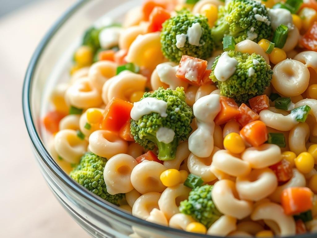Creamy ranch pasta salad with vegetables in a glass serving bowl