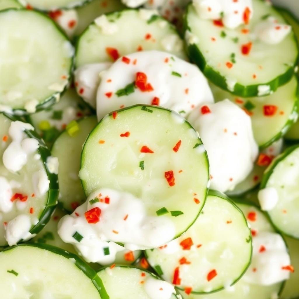 Creamy spicy cucumber salad with yogurt-based dressing