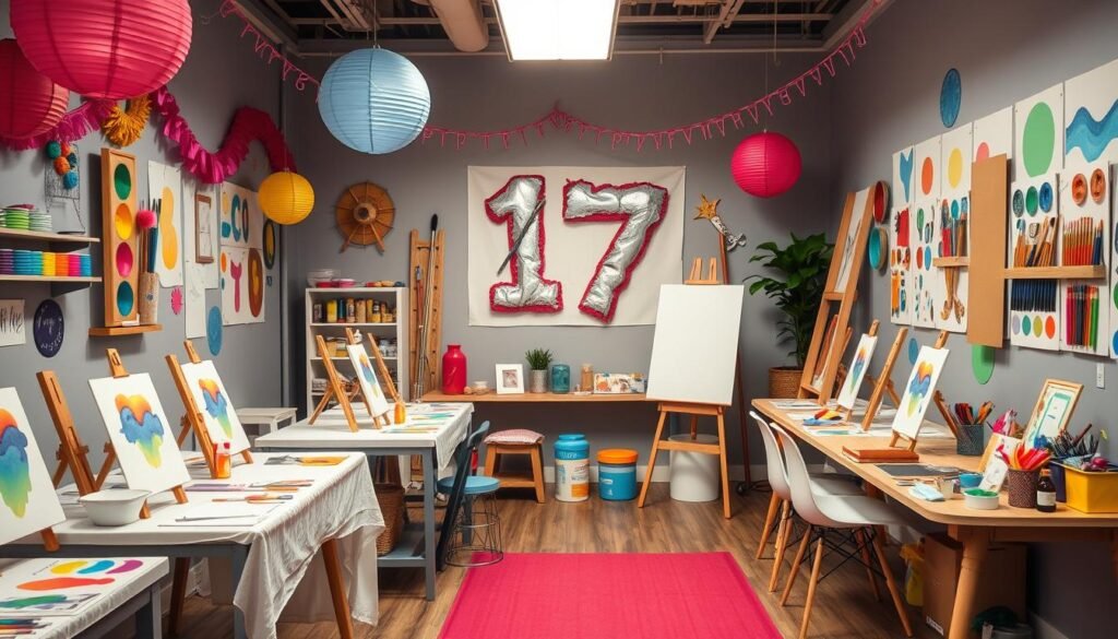 Creative art studio 17th birthday theme with painting stations, crafting areas, and colorful artistic decorations Creative art studio 17th birthday theme with painting stations, crafting areas, and colorful artistic decorations