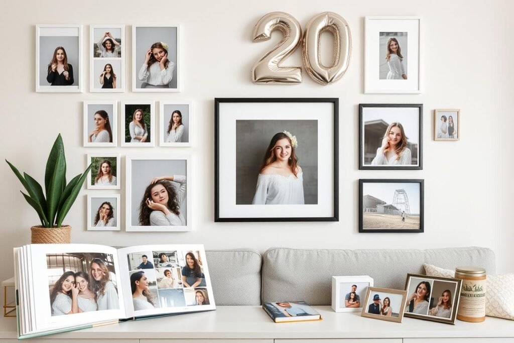 Creative display of 20th birthday photoshoot images in a home setting Creative display of 20th birthday photoshoot images in a home setting