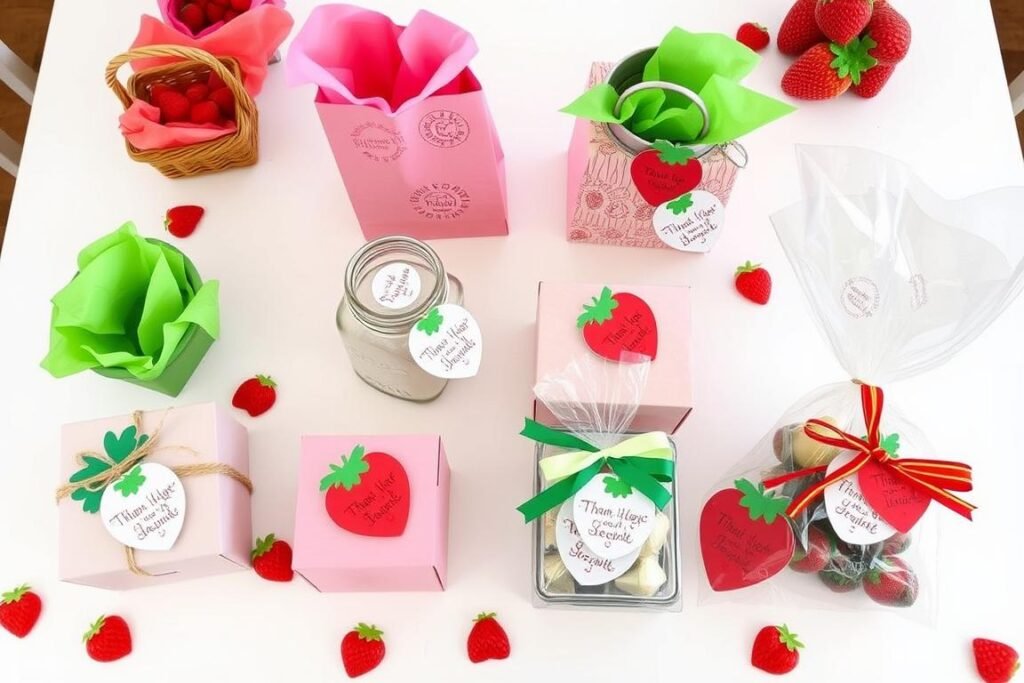 Creative packaging for strawberry shortcake party favors including decorated bags, baskets, and jars