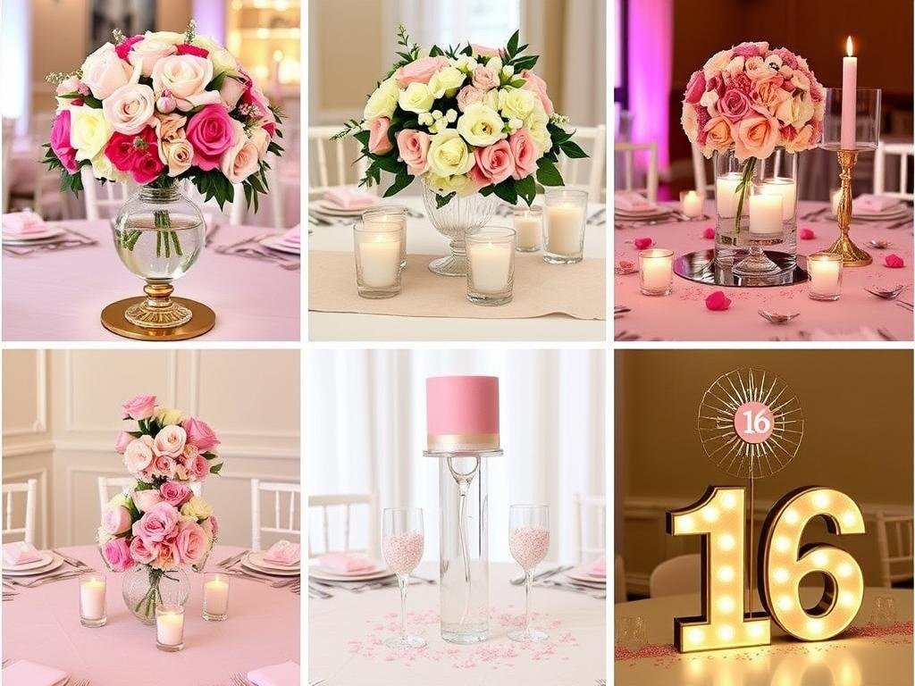 Creative sweet 16 centerpieces with floral arrangements, candles, and themed elements Creative sweet 16 centerpieces with floral arrangements, candles, and themed elements