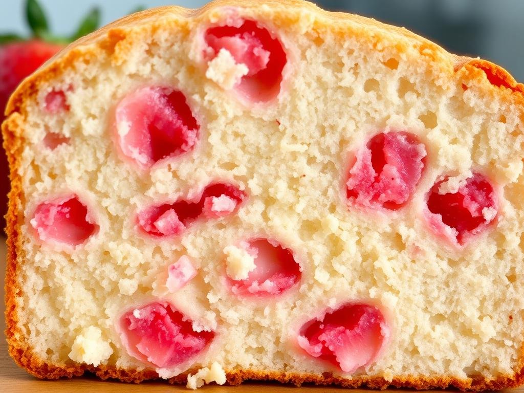 Cross-section of a perfectly baked strawberry cake showing moist texture and even distribution of strawberry pieces