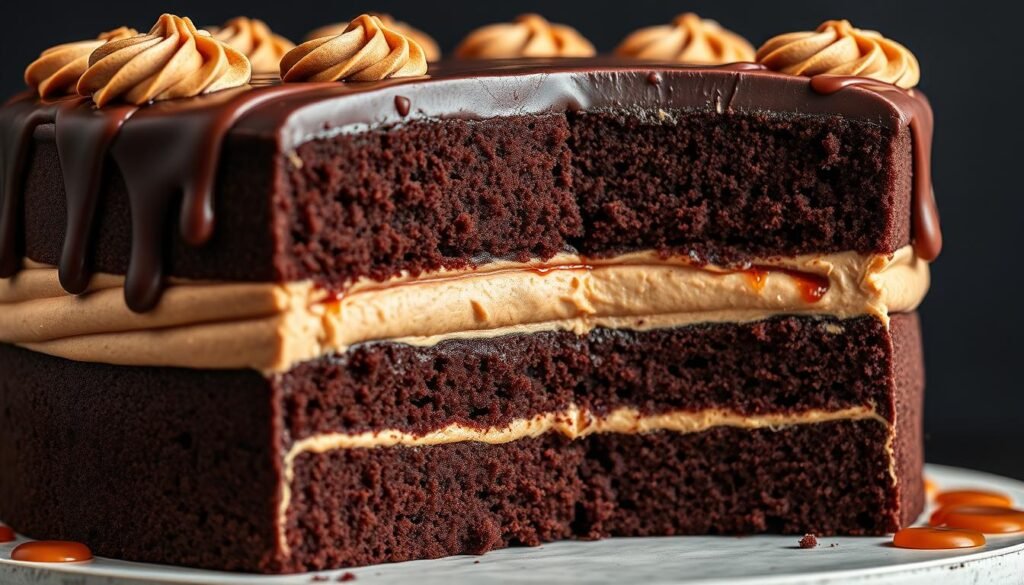 Cross-section of a rich chocolate and whiskey 50th birthday cake for men