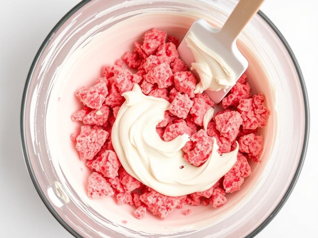 Crumbled strawberry cake being mixed with frosting in a bowl