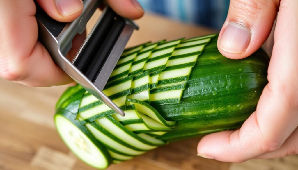 Cucumber being peeled in a striped pattern with a vegetable peeler
