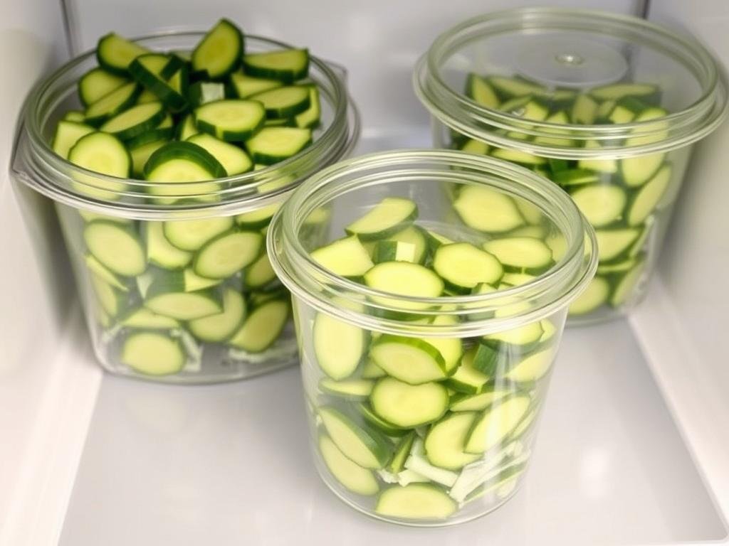 Cucumber salad being stored in glass containers in a refrigerator