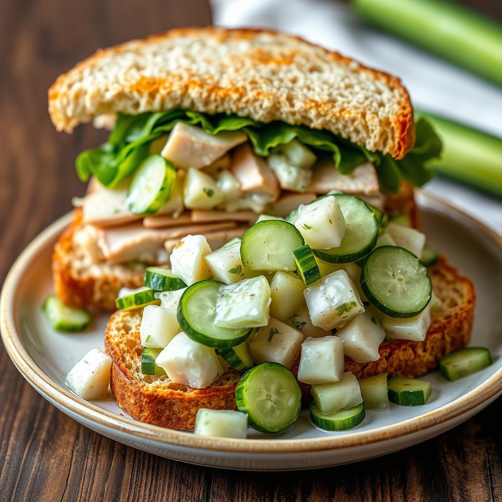 Cucumber salad being used as a sandwich topping or side