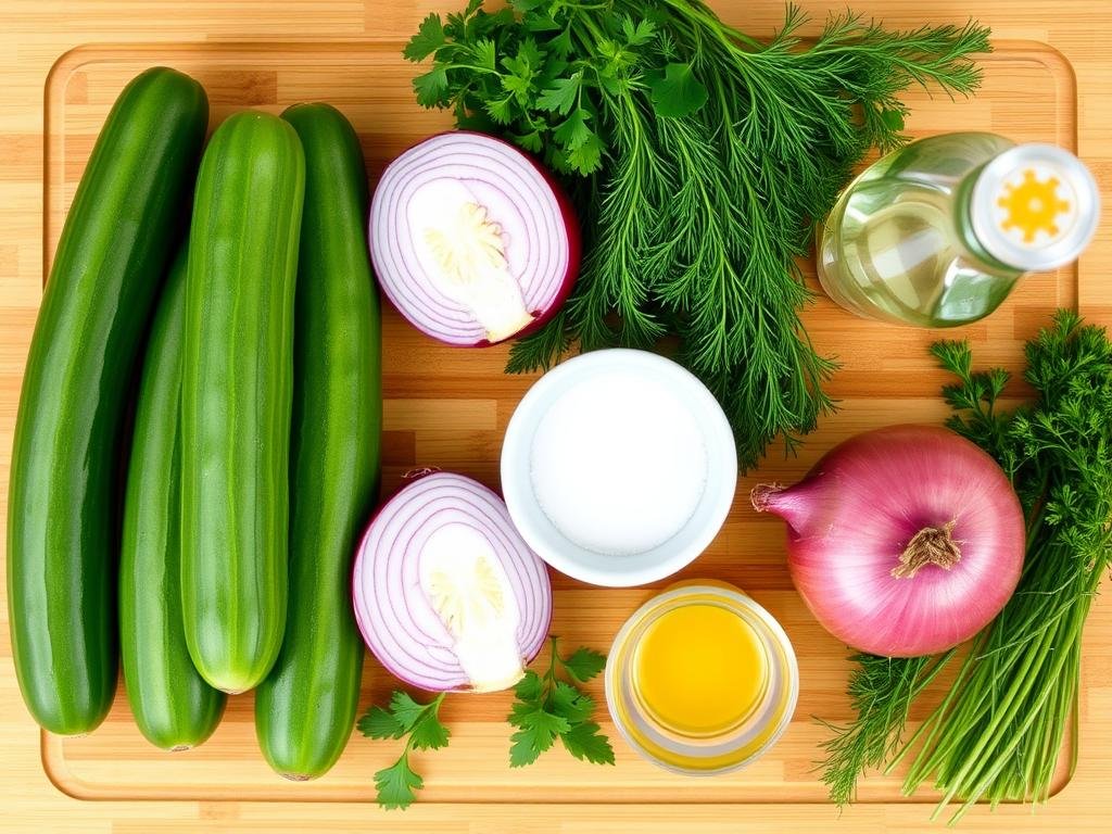 Cucumber salad ingredients laid out on a cutting board including fresh cucumbers, red onion, dill, and vinegar