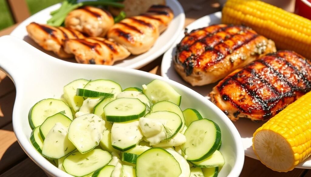 Cucumber salad served alongside grilled chicken and corn on the cob