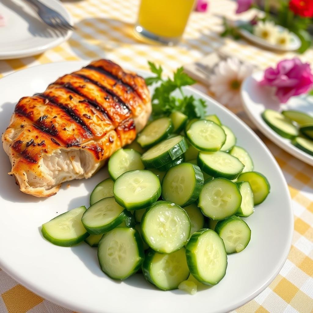 Cucumber salad served alongside grilled chicken on a summer table setting