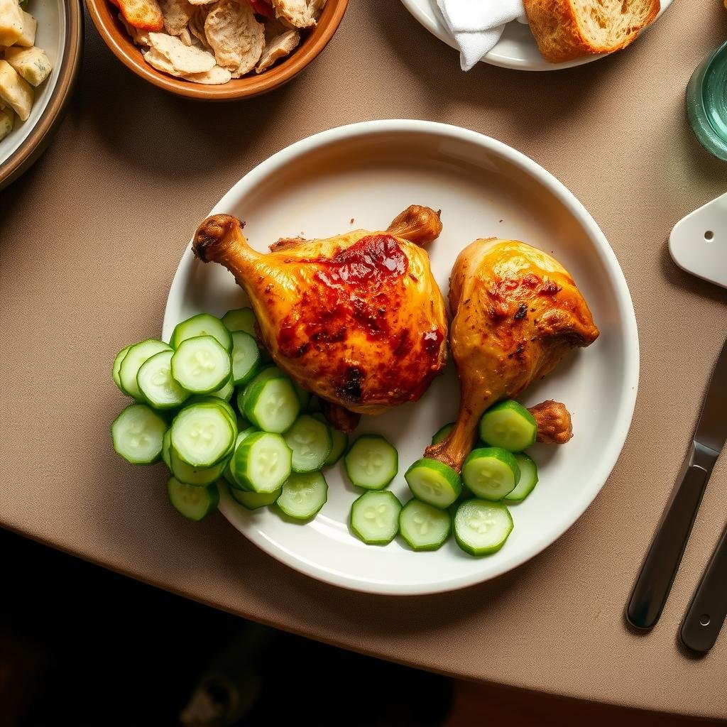 Cucumber salad served with a hearty main dish like roast chicken