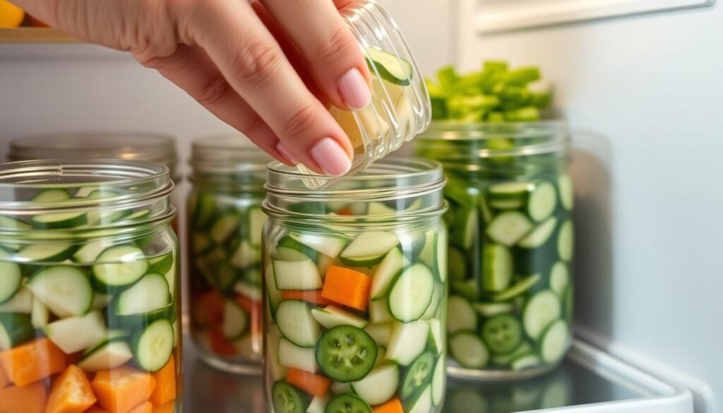 Cucumber salad with vinegar being stored in mason jars in a refrigerator