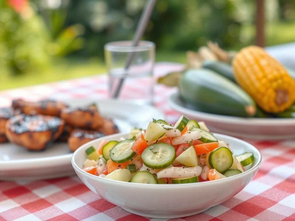 Cucumber salad with vinegar served as a side dish with grilled food
