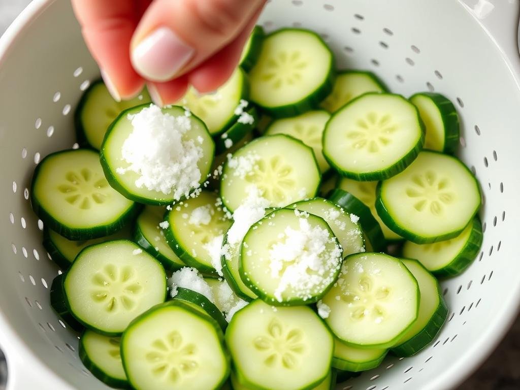 Cucumber slices being salted in a colander to remove excess moisture