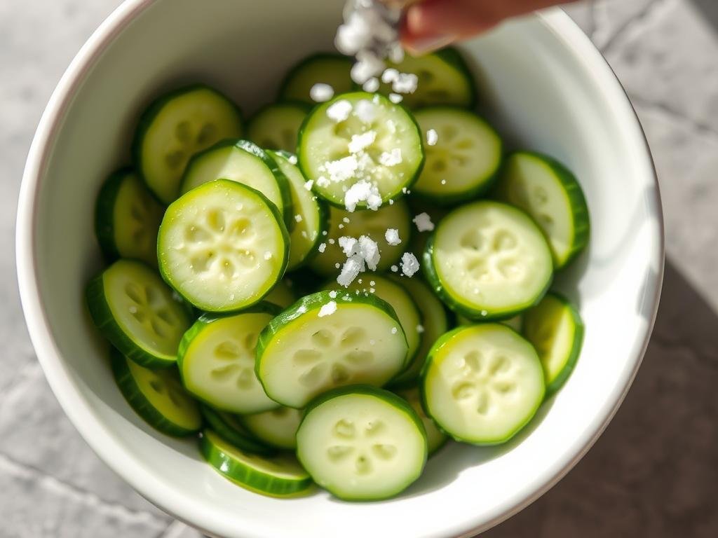 Cucumber slices in a bowl being sprinkled with salt