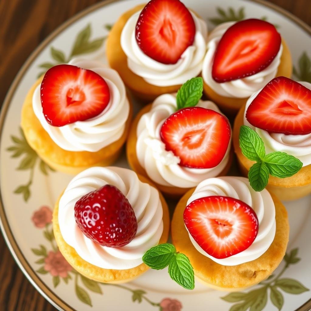 Cupcake-sized strawberry shortcakes arranged as a centerpiece