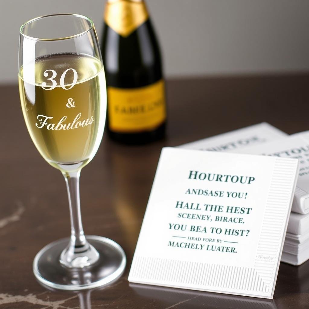 Custom 30th birthday champagne flutes and personalized cocktail napkins Custom 30th birthday champagne flutes and personalized cocktail napkins