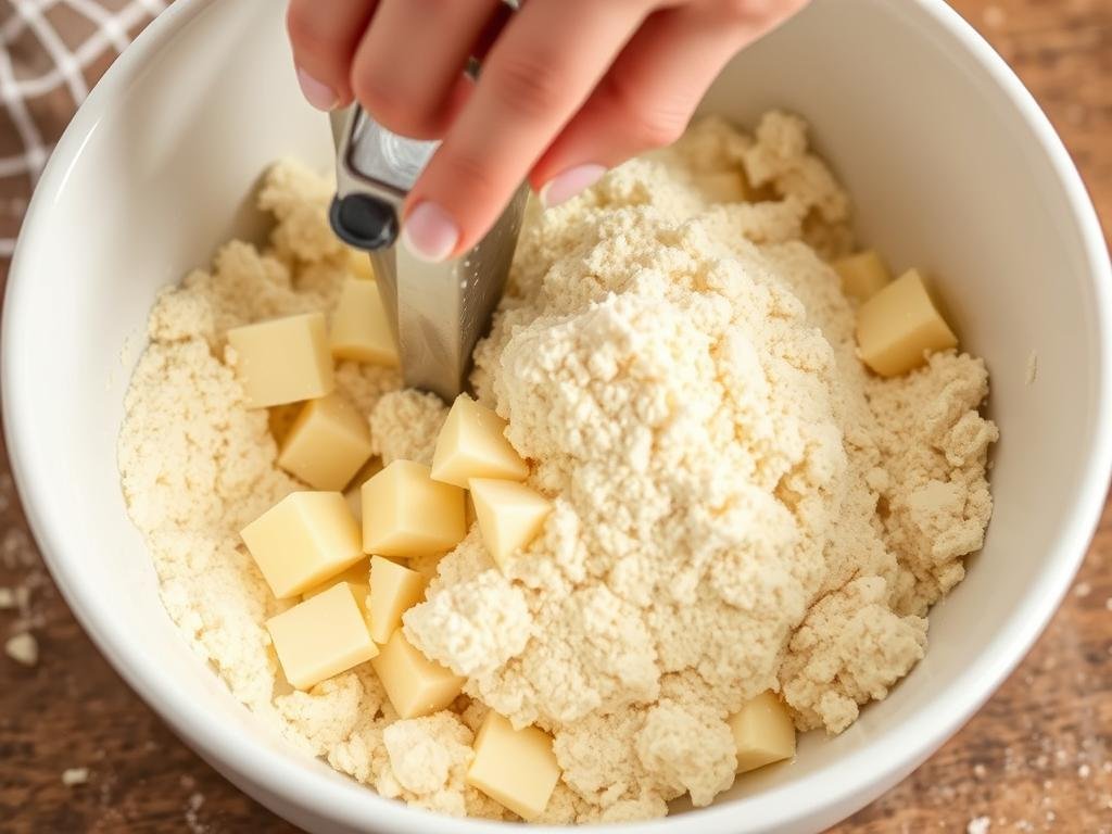 Cutting butter into flour mixture for strawberry shortcake biscuits Cutting butter into flour mixture for strawberry shortcake biscuits